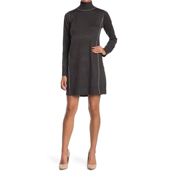 Max Studio Women's Size L Sweater Dress Dark Gray Long Sleeve Knit Mock Neck - Picture 2 of 7